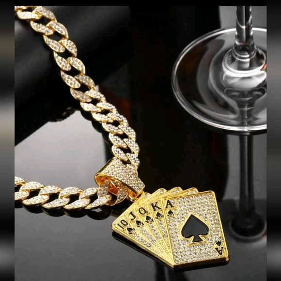 Hip Hop Iced Out Fully Rhinestone Gold Card Pendant & Cuban Chain Necklace 18" - Picture 6 of 13